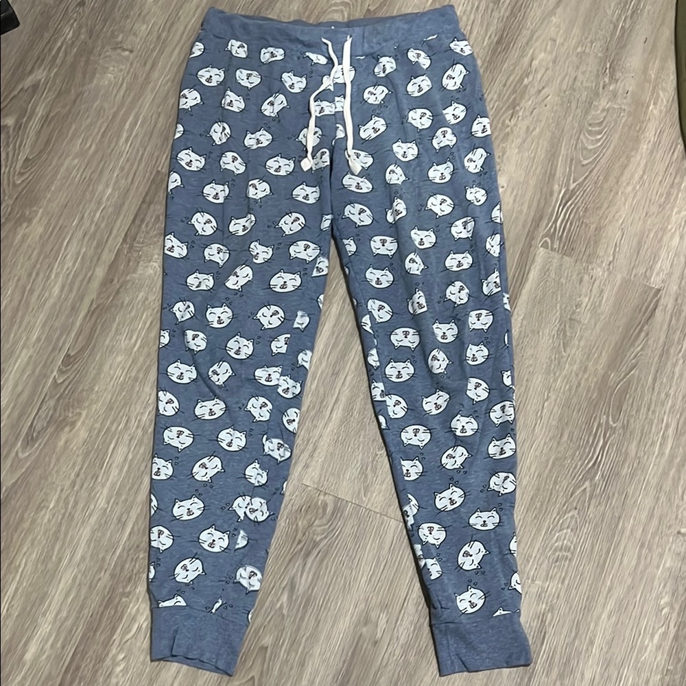 Blue Joggers with Cat Print